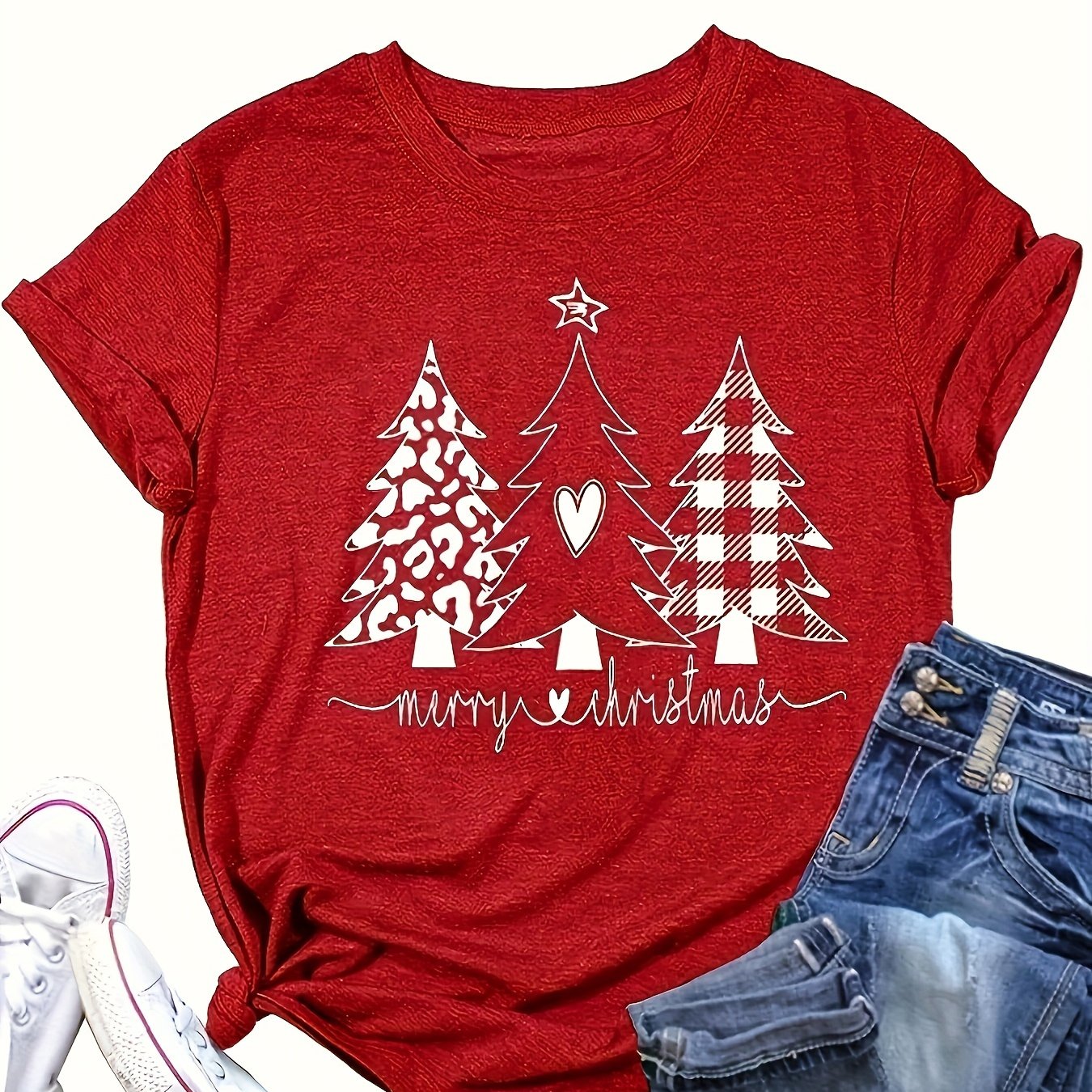 TEMU Christmas Tree Neck T-shirt, Casual Short Sleeve Top For , Women's Clothing