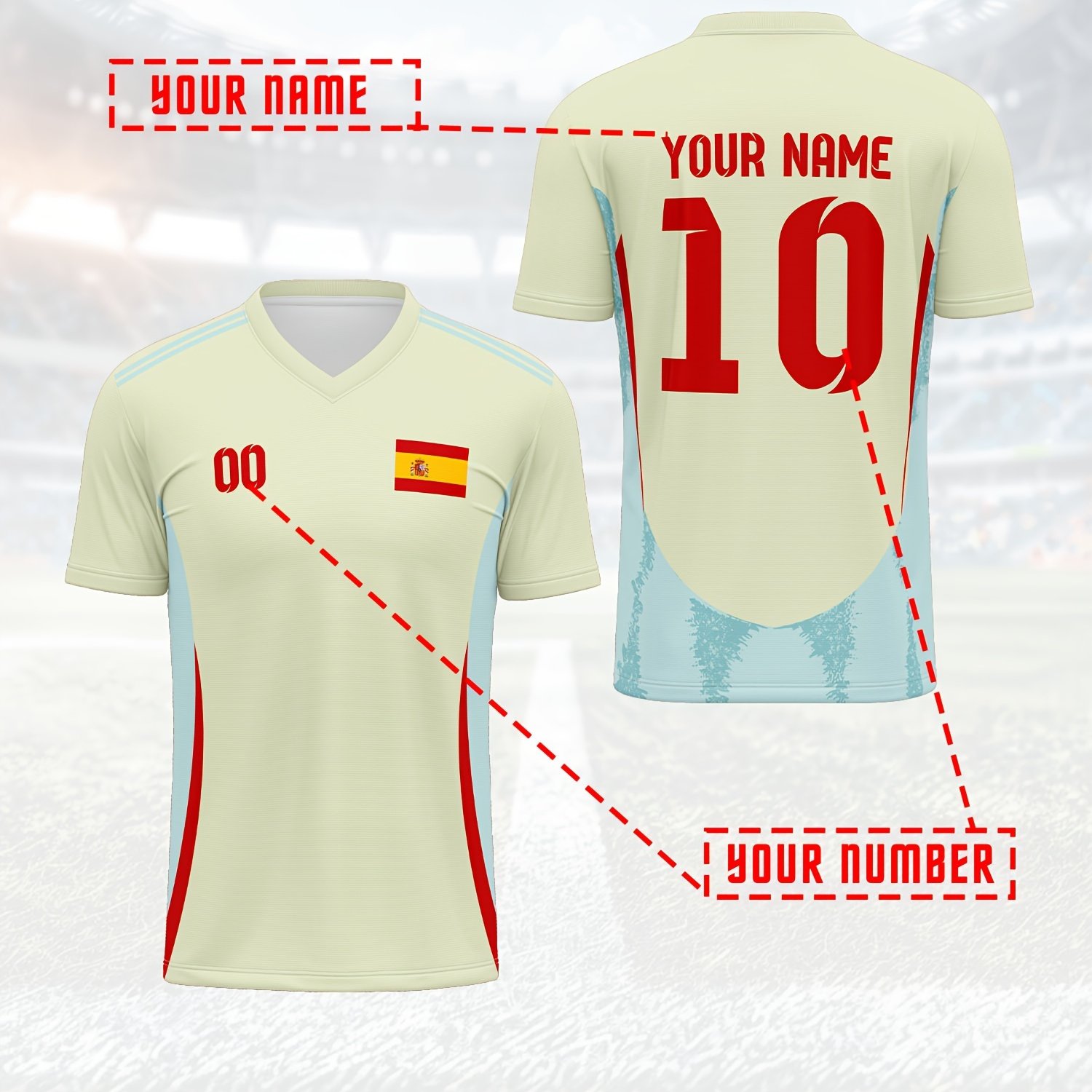 TEMU Camiseta de España de fútbol para hombre con cuello en V personalizada, y número personalizados, ajuste , ideal para entrenamientos de equipo,
