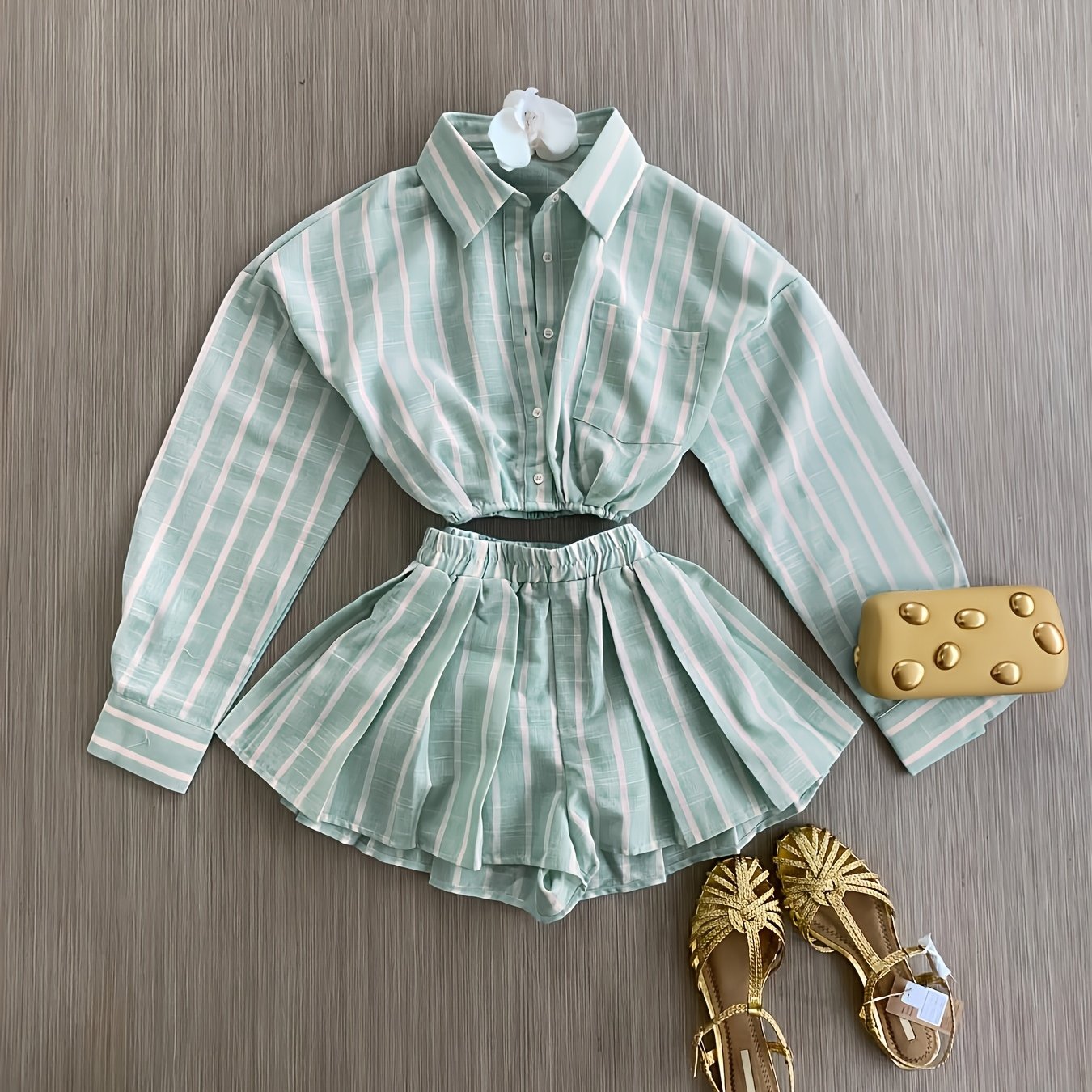 TEMU Women's Fashion New Striped Short Long-sleeve Shirt And High-waist Pleated Shorts 2pcs Set, Fresh And Summer Outfit