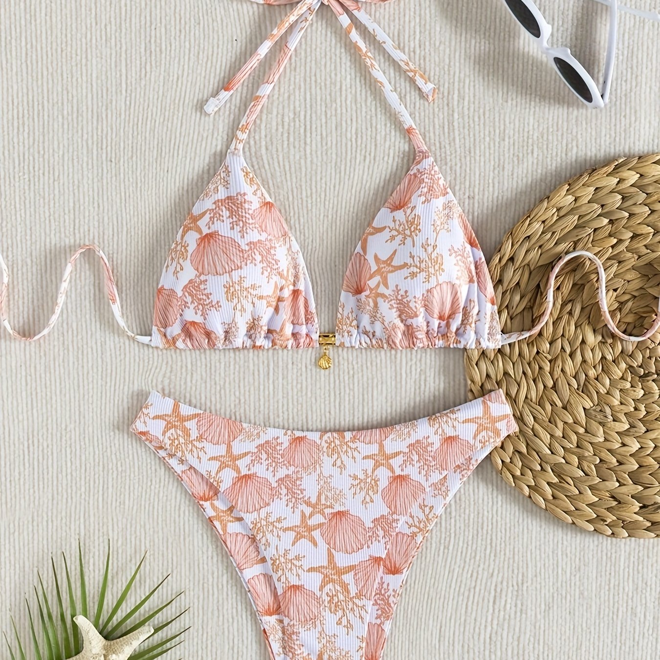 TEMU Zomervakantie Willekeurige Print Geribbelde Textuur Stof Gouden Schelp Versierde Rugloze Driehoekige Cup Zwembroek Top
