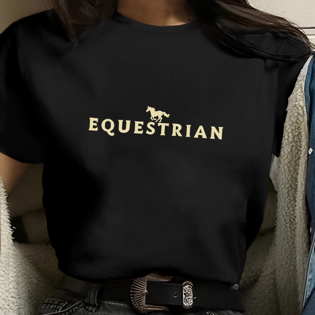 TEMU Women's Equestrian Horse Print T-shirt - Round Neck Short Sleeve Blouse-compatible Suitable For Casual & Wear, Machine Washable Horse-themed Top