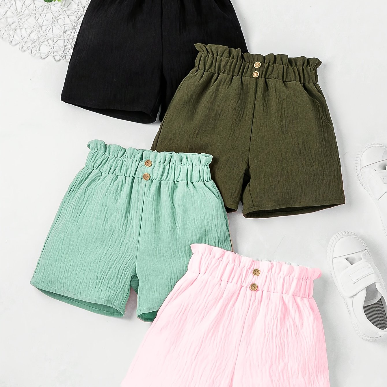 Image of Girls' Short Shorts 4pcs Set Solid Color --feel Breathable Casual Summer Outdoor Casual All-match Short Shorts Set Spring Summer Style, For Outdoor