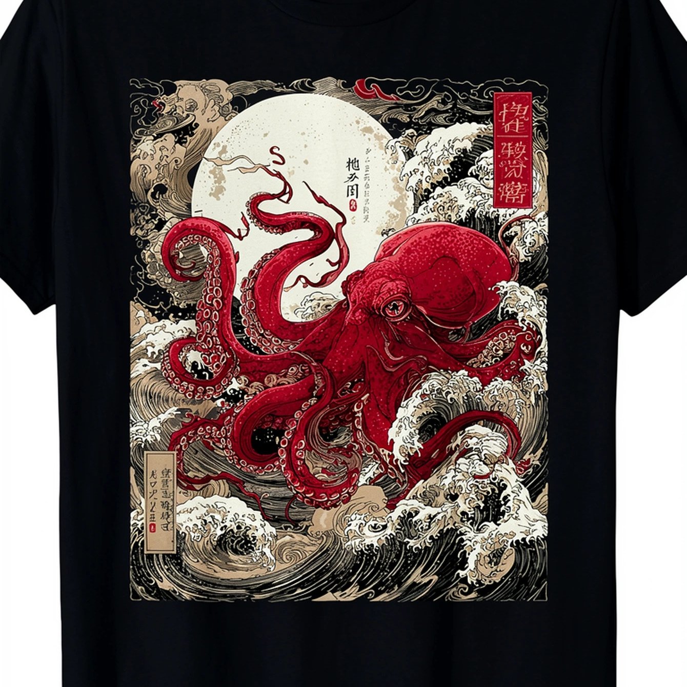 Plus Size Japanese Octopus - - -e Sea Creature Round Neck Casual Shirt Suitable For Summer, Machine Washable Japanese Cultural Apparel For Casual Attire & Themed Events, Plus Size