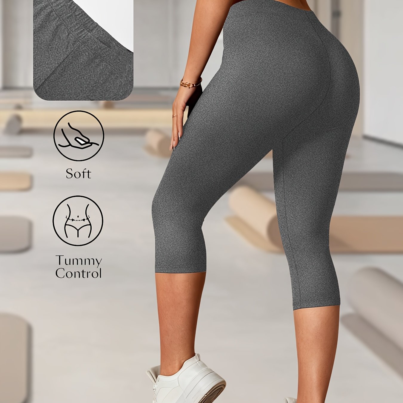TEMU Women' Full-length Compatible Capri Pants - Non-see-through Workout Leggings, High-elasticity Slim- Wear Suitable For Yoga, Running, Gym - Solid