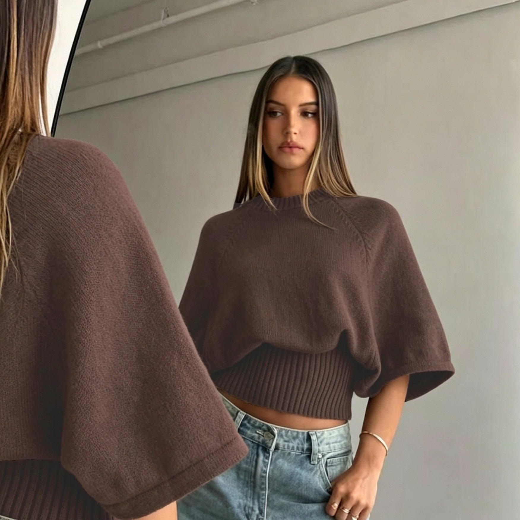TEMU ["Shadow Green ] Koreaanse Easy Solid Korte Korte Mouw Off-Shoulder Batwing Mid-Sleeve High-Waist Taille-Inknellende Zachte Stijl All-Match Base