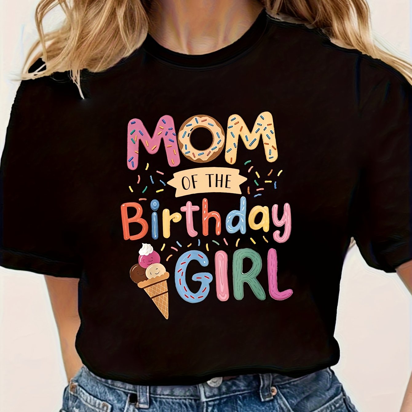 TEMU A Women's Round-neck Short-sleeve T-shirt Featuring A Donut And Ice Cream Pattern With The Text 'om Of The Birthday ', Perfect For Casual ,