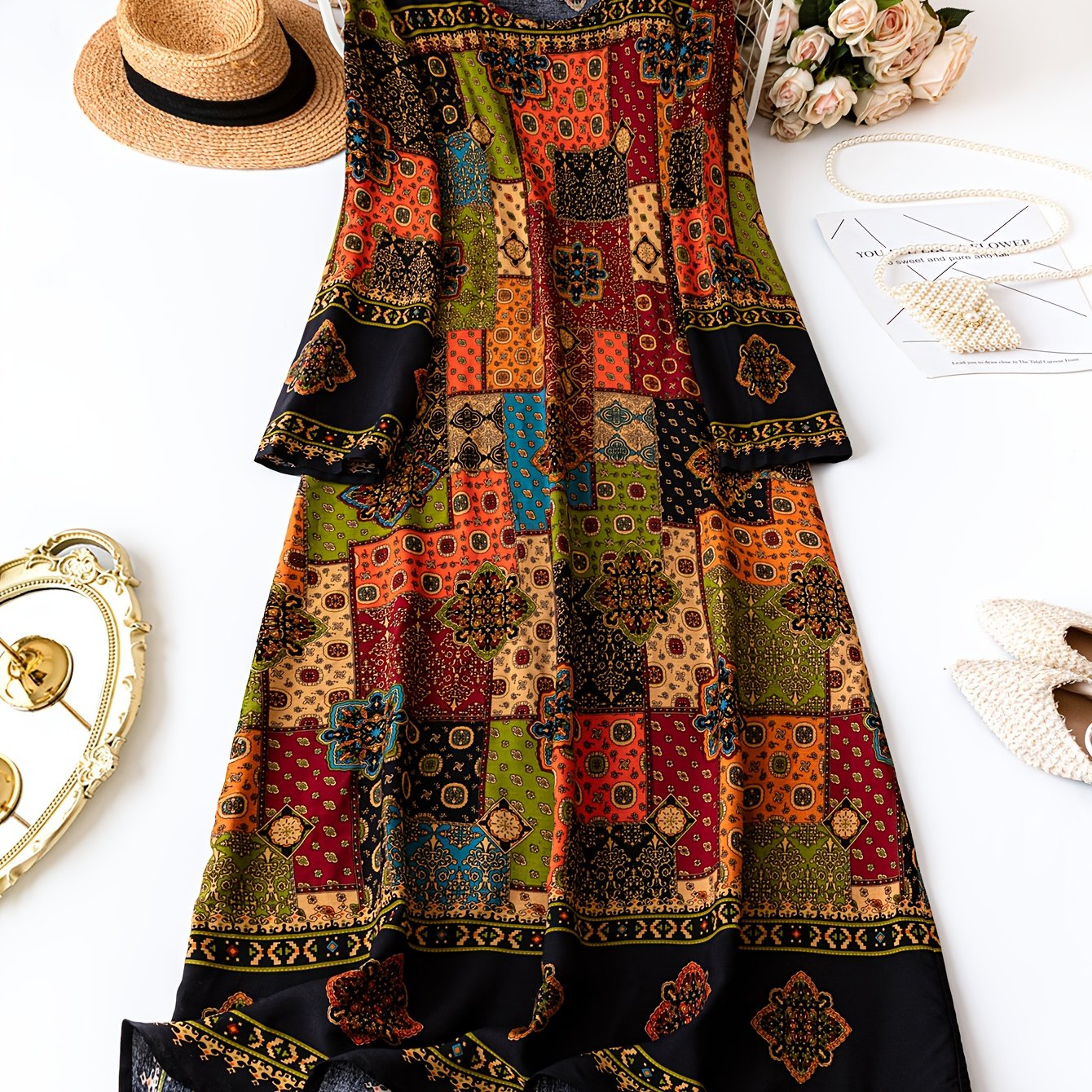 E-shop Plus Size - Plus Size - Plus Size Bedrucktes Kleid mit Rundhalsausschnitt und langen Ärmeln für Damen, Elegantes Plus Size Kleid, Lässiges Plus
