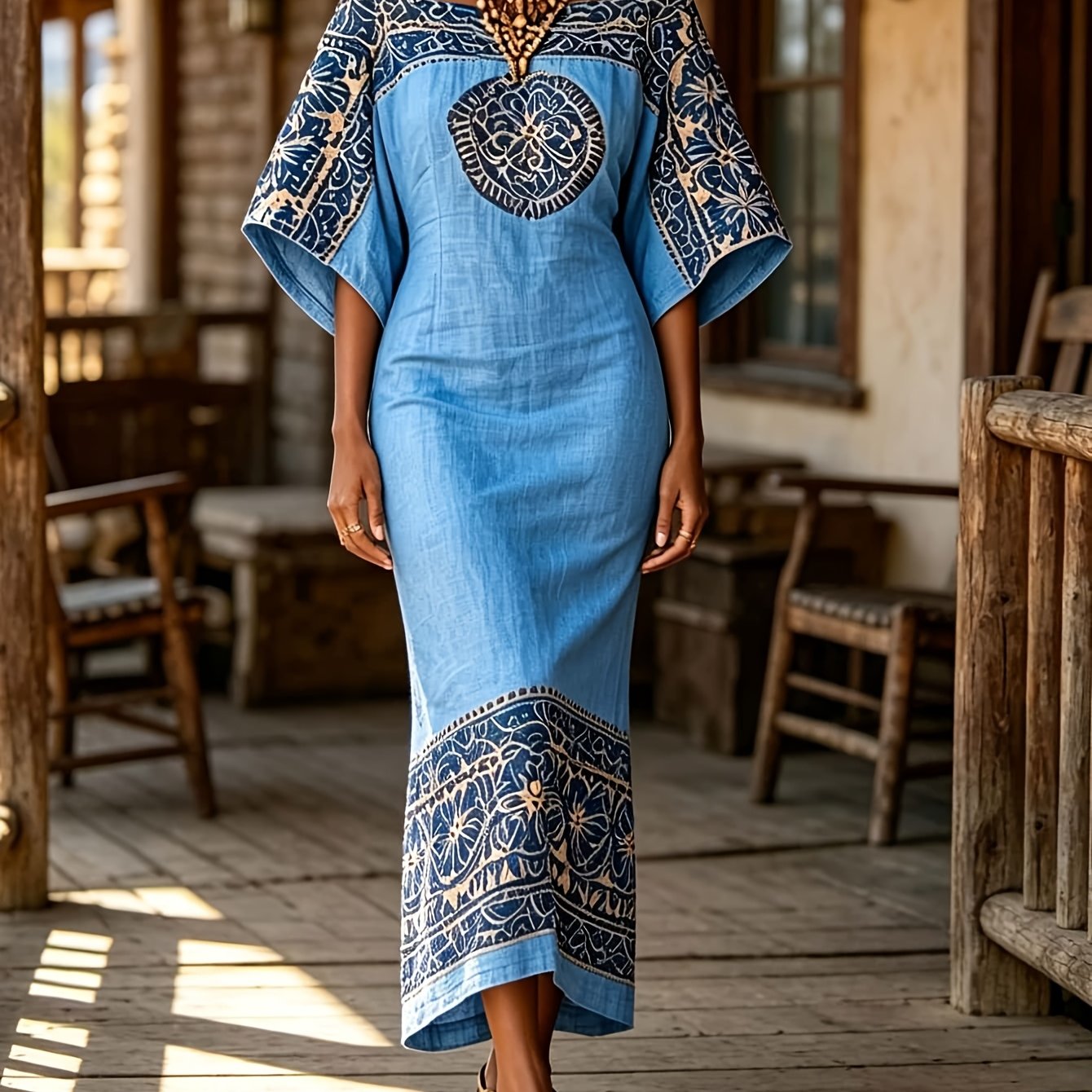 Fashionable Women's Clothing - Ethnic Style Off-shoulder Bodycon Maxi Dress. Bohemian Ethnic Print Batwing Sleeves, Loose Off-shoulder Design, Waist, Bodycon Fishtail Silhouette.