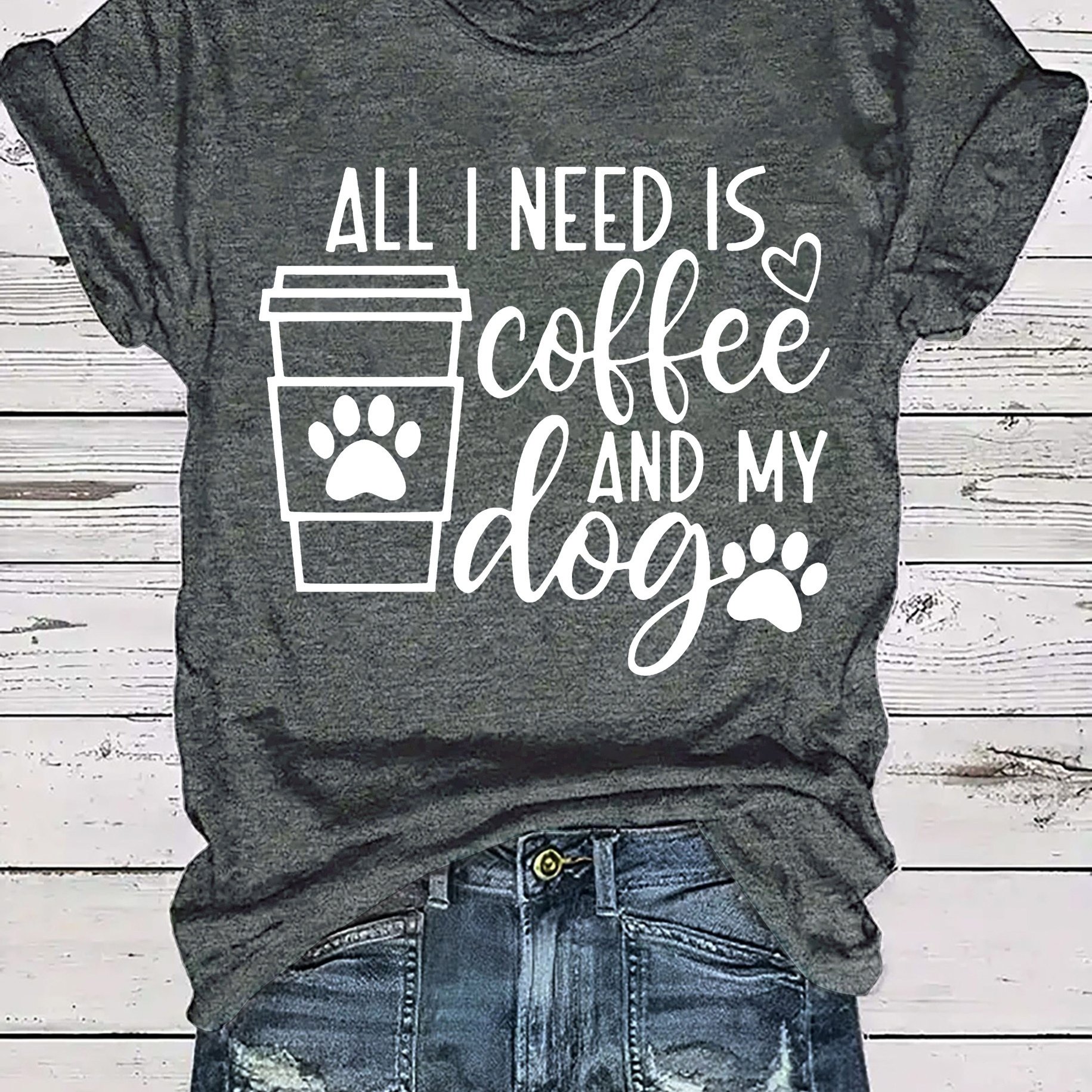 TEMU T-shirt d'été pour femme avec imprimé de lettre de café et chien, col rond