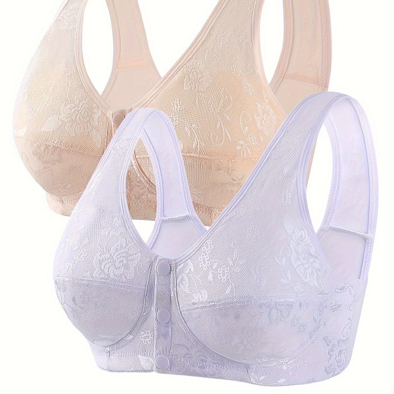 Image of 2-pack Upgraded Thick Style Wire-free Front-closure Vest-style Lace Bra For Middle-aged And Elderly Women, Thin Style Push-up Bra, Mom Bra, Easy Bra, Thick Style With Optional Padding Cups