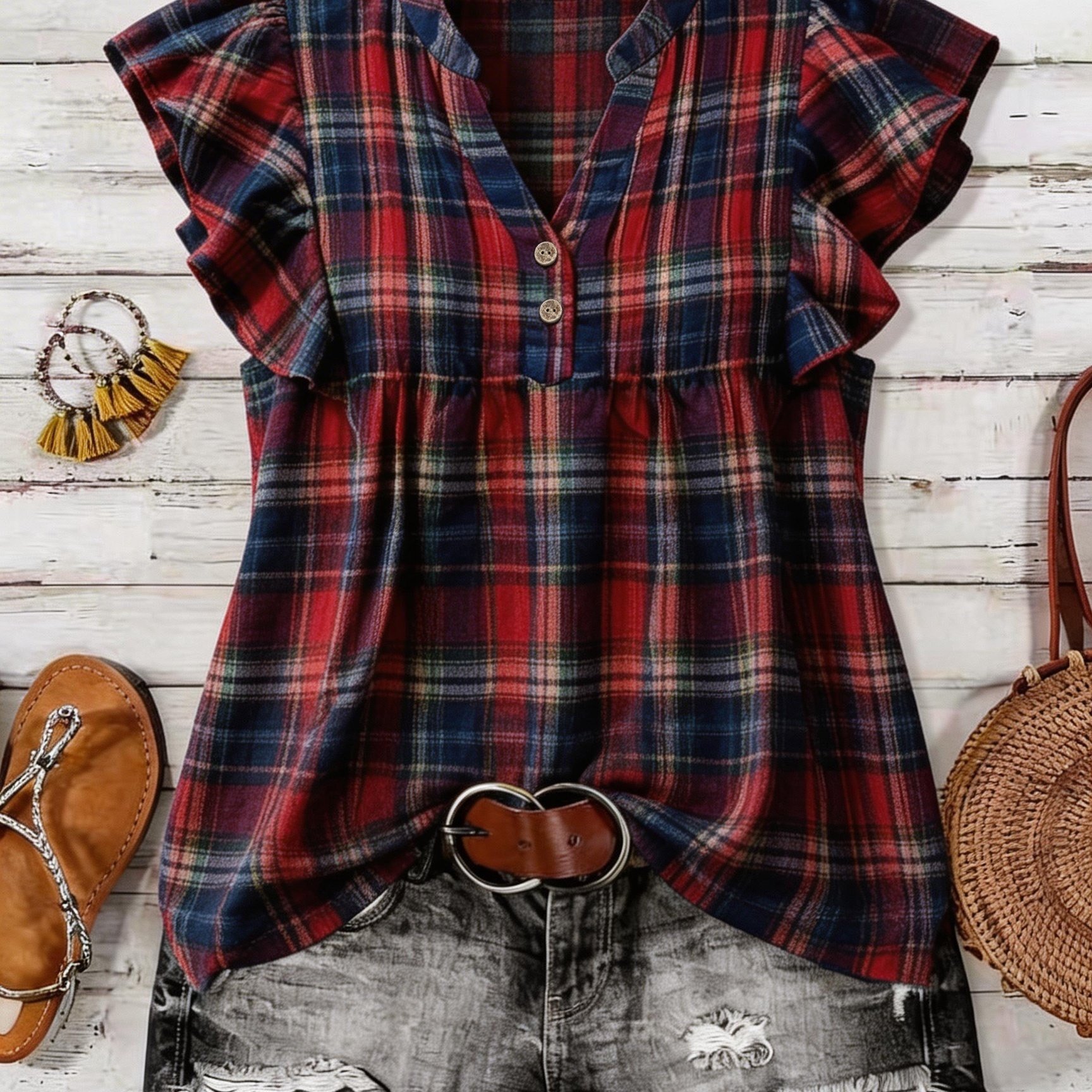 TEMU Plus Size, Plus Size Women's Summer New Arrival Flutter Sleeve Short Sleeve Shirt Top