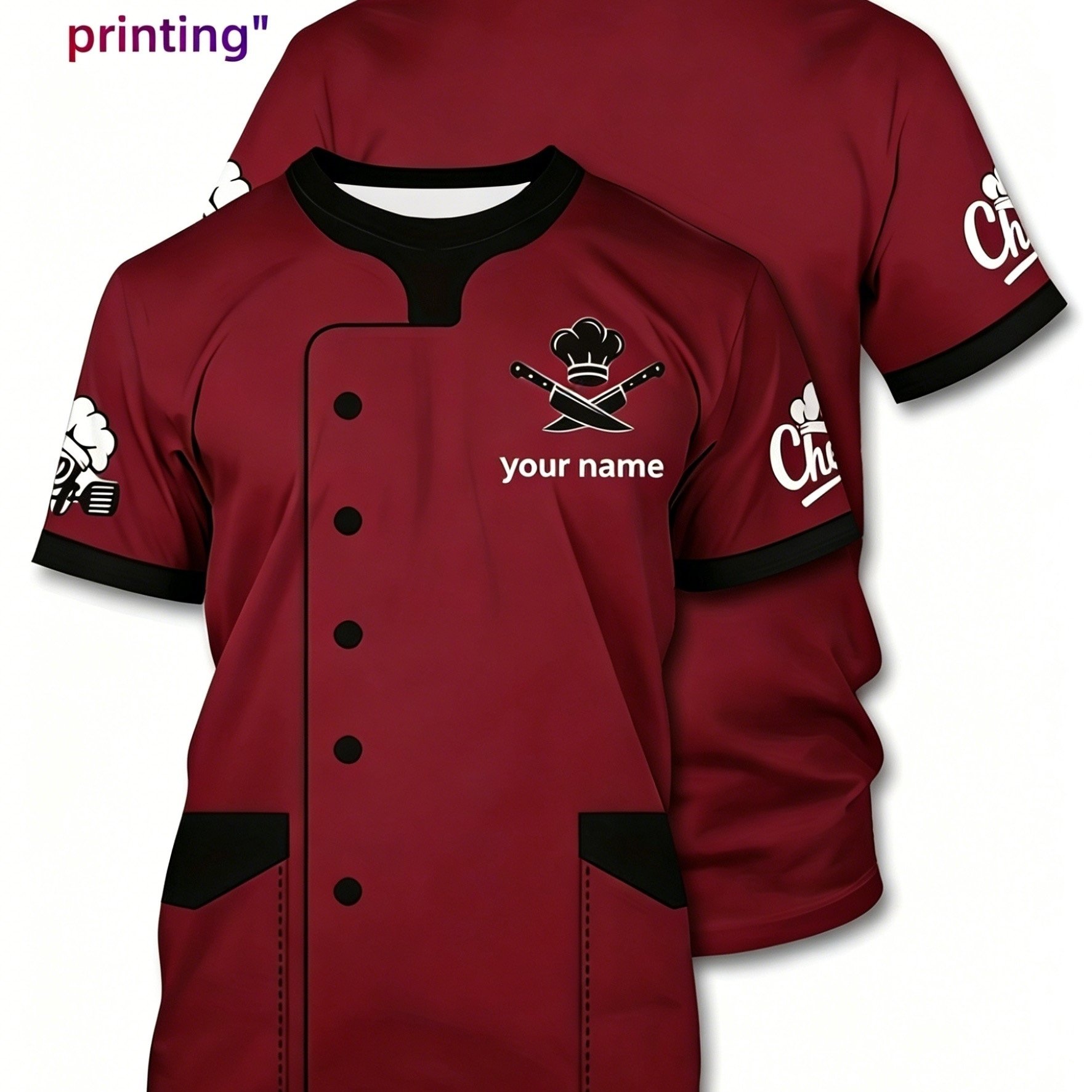 TEMU T-shirt d'uniforme de chef personnalisé - Panneau pour nom/ et impression intégrale, convient aux cuisines professionnelles, uniformes de