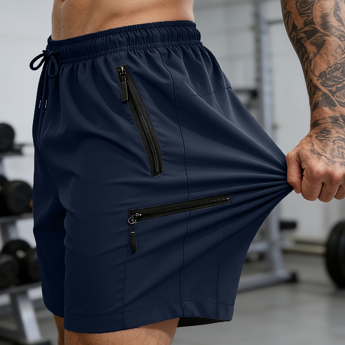 TEMU Plus Size Men's Quick Dry Athletic Shorts, Elastic Waist Drawstring Zipper Cargo Shorts, Breathable Lightweight Multi-pocket Casual Shorts For