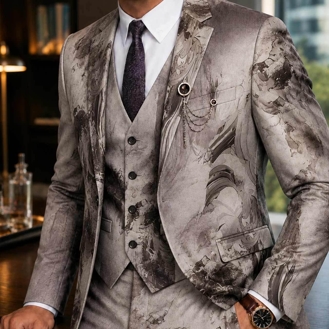 Men's 3pcs Suit Set, Artistic Abstract Print Slim Fit, Stylish Vintage Formal Wear For Business Meetings And Parties