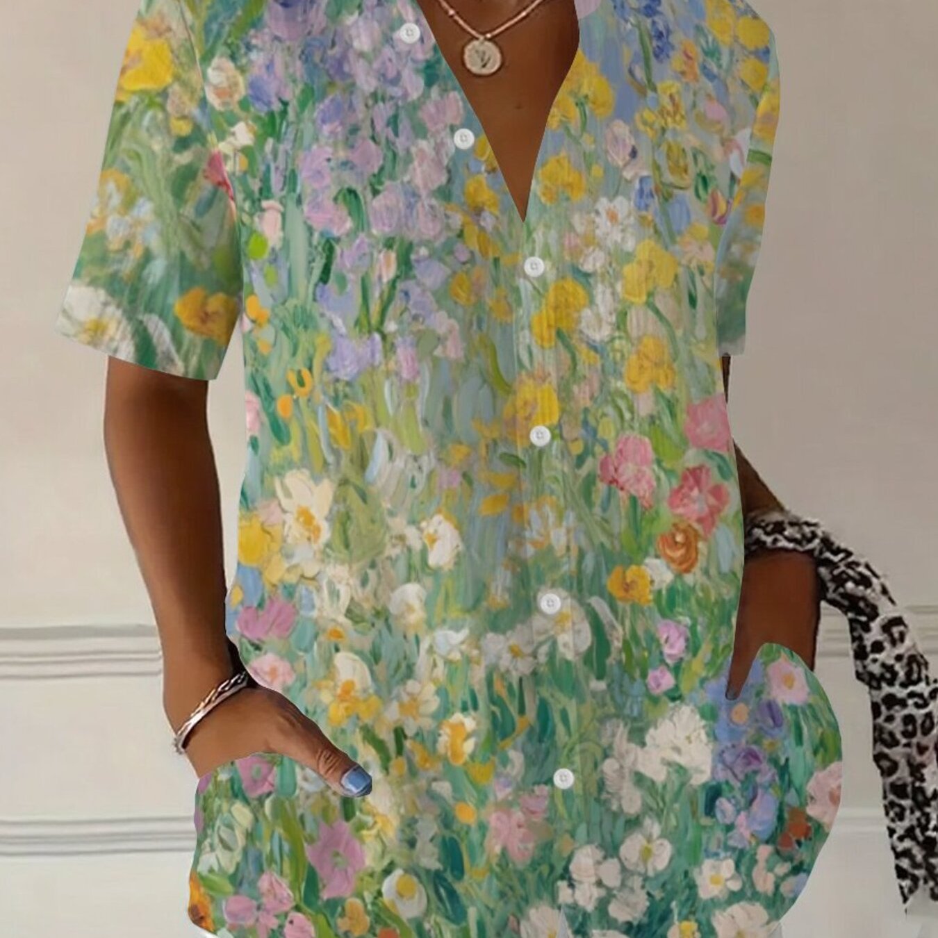 TEMU Plus Size Women's -style Iris Flower Button- Shirt - Short Sleeve Top With Teal Base & Multicolor Iris Oil Painting Print, Casual Summer Shirt