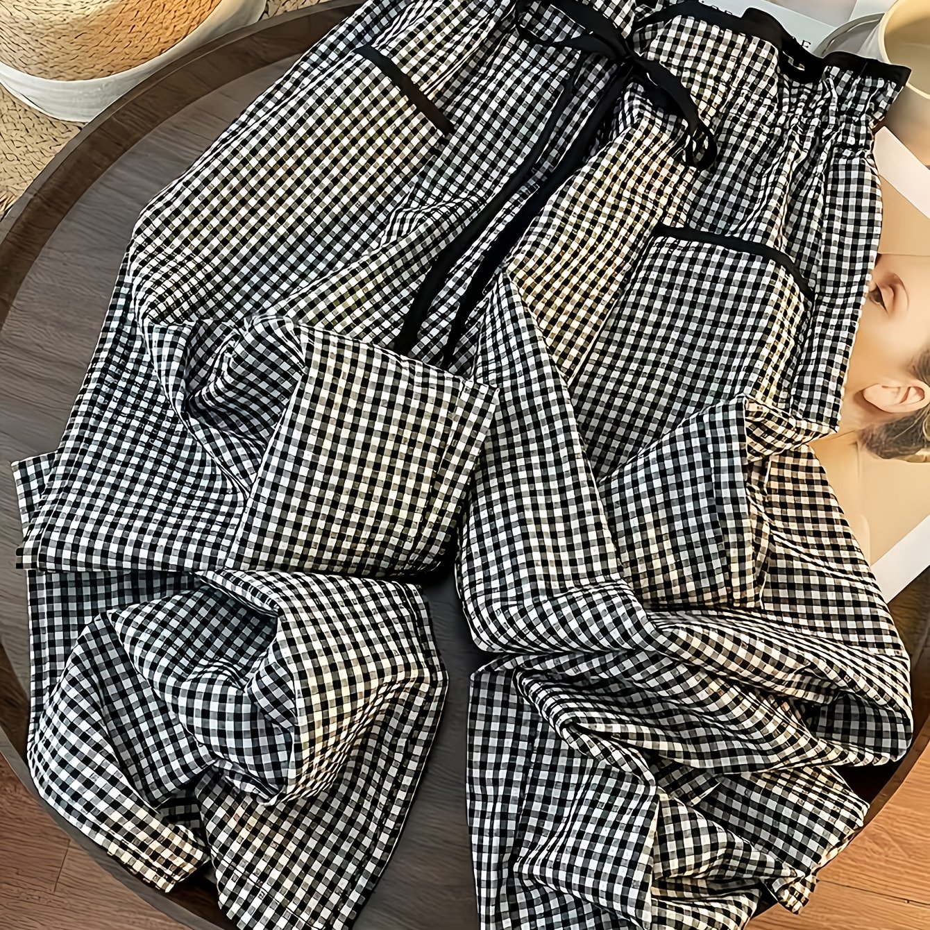 TEMU 1pc Autumn Checkered Women's Wide-leg Pants, Stretch Women's Casual Trousers, Summer And Autumn Fashionable Women's Pants, For And Casual ,