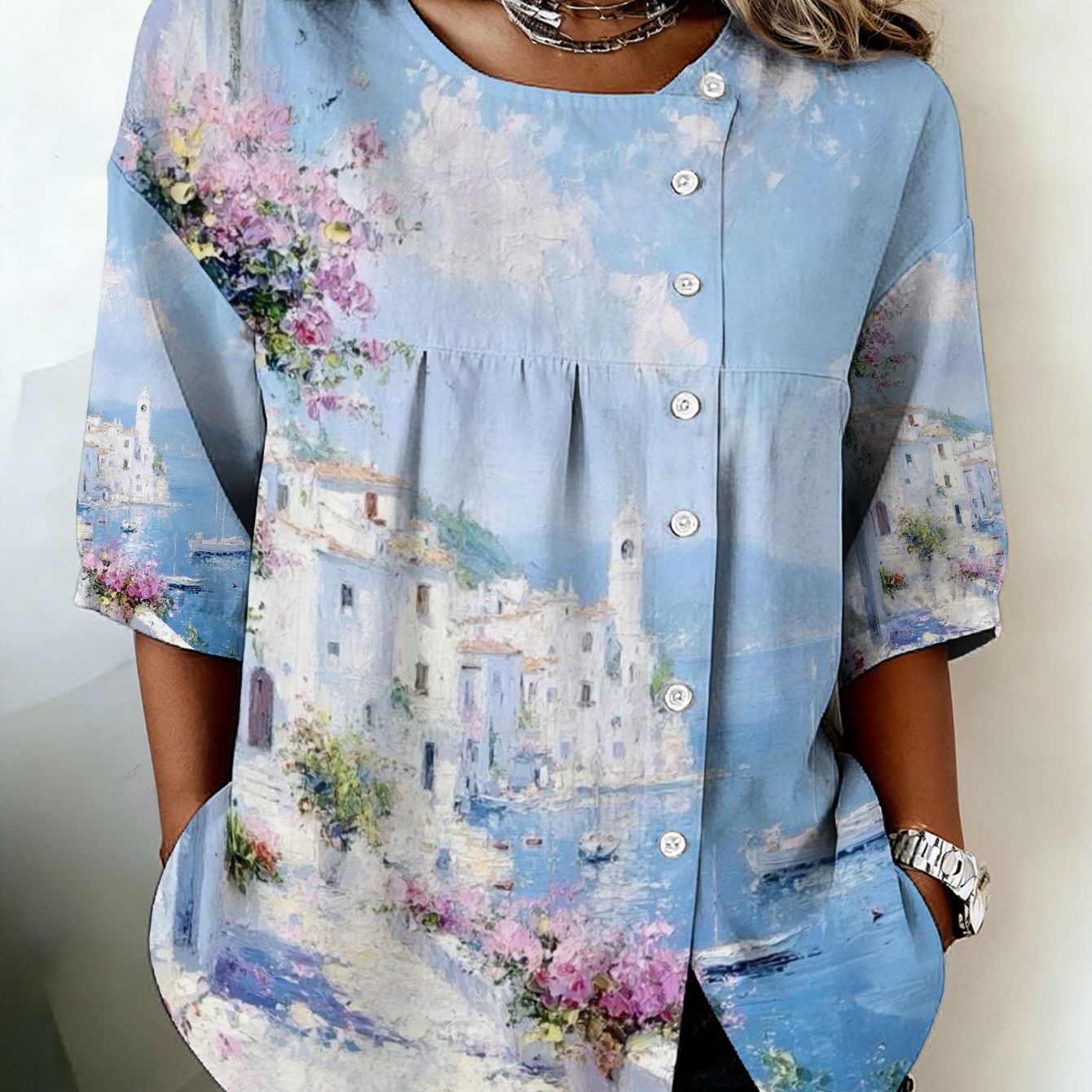 Image of Plus Size, Women's Size Mediterranean & Print Button- Shirt - Asymmetrical Collar Round Neck Top, Machine Washable Suitable For Casual Semi-formal Wear, Gift For Mother Sister Friend