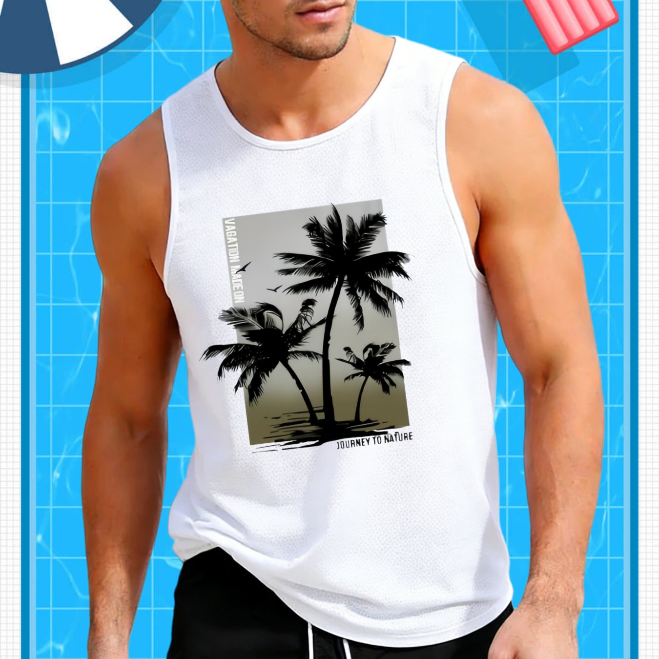 TEMU Summer 's Quick-dry Vest, Mesh Moisture-wicking And Breathable, Coconut Tree Beach Scenery Print, Casual Fitness Comfortable And Non-sweaty,
