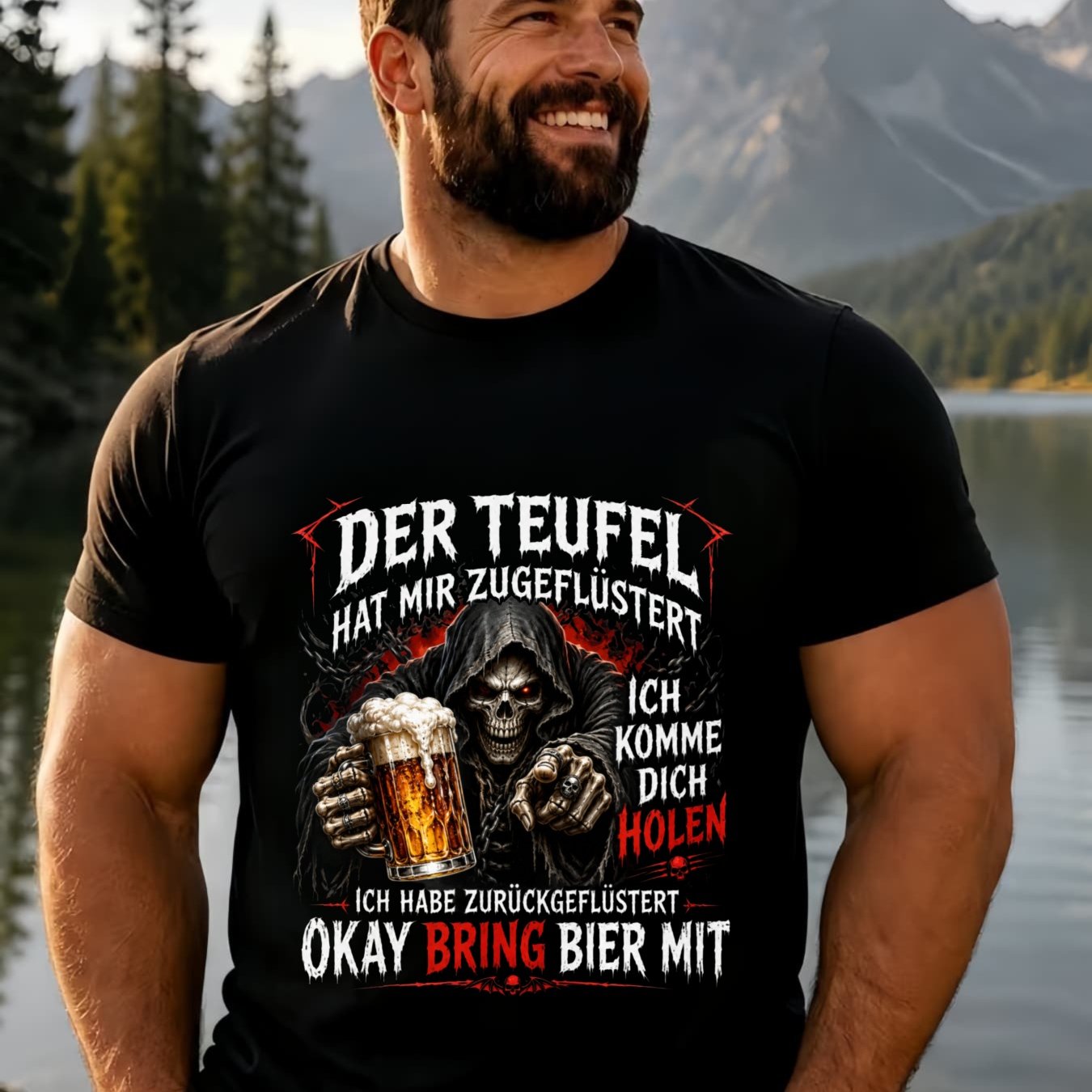 Image of Gothic German Quote Reaper Beer Print The Devil To Me Themed Events Men's Plus Size T-shirt Unisex Tee, Plus Size