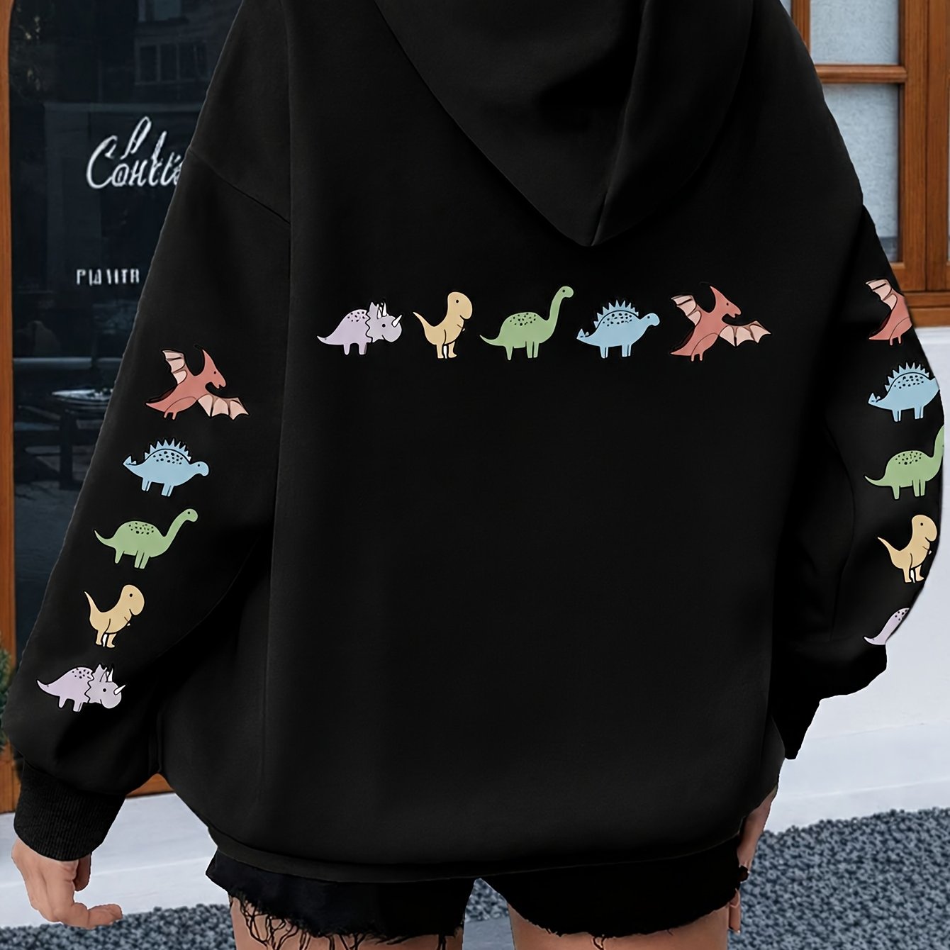 Image of A For Dinosaur Pattern Theme Design Trendy Sweatshirt Women's Hoodie High Quality Thick Sweatshirt Autumn Winter Wear For Casual Gift For Dino Lovers