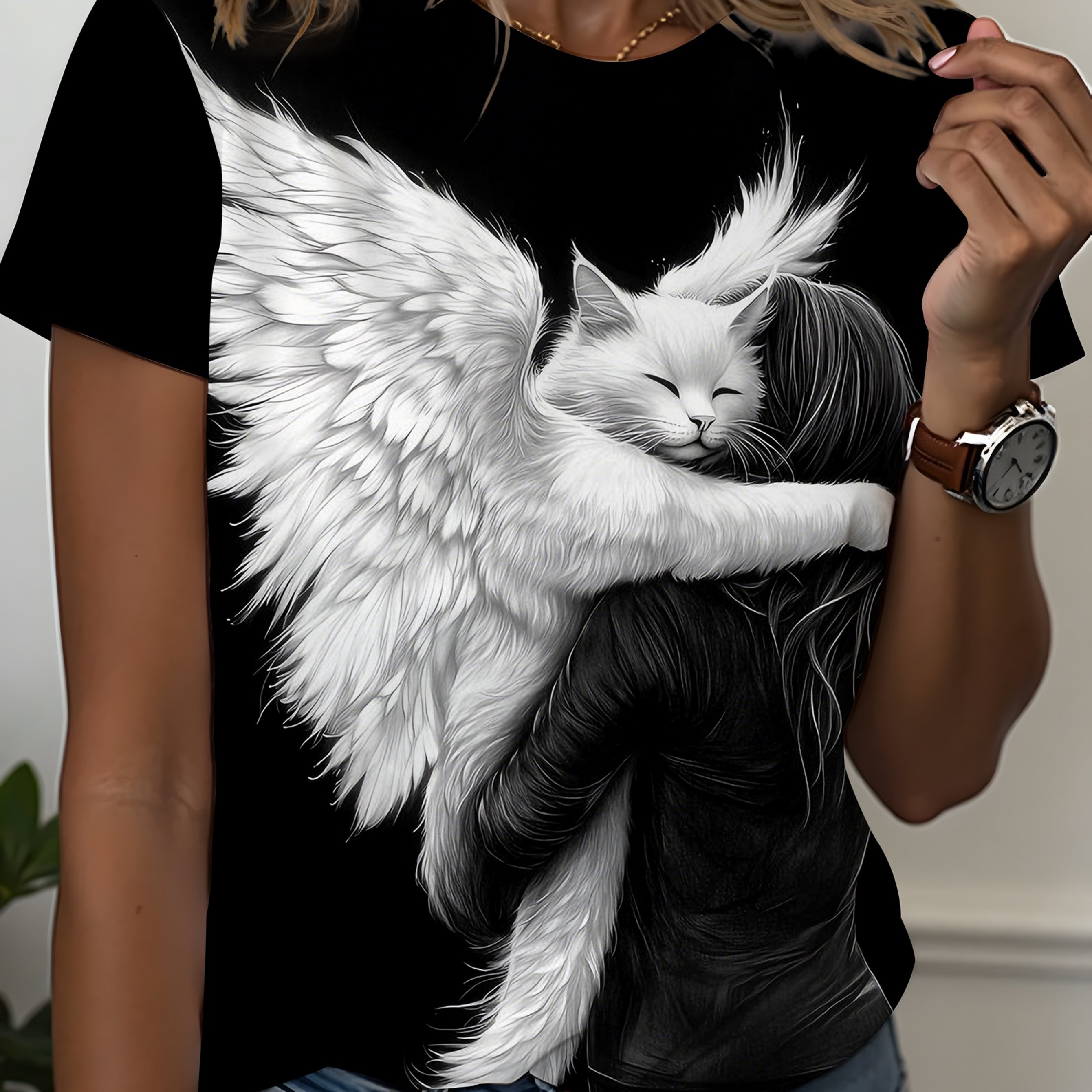 TEMU Women's Plus-size Short-sleeve T-shirt With Winged White Feathered Lynx Print - Round Neck Casual Summer Top | Machine Washable Suitable For For