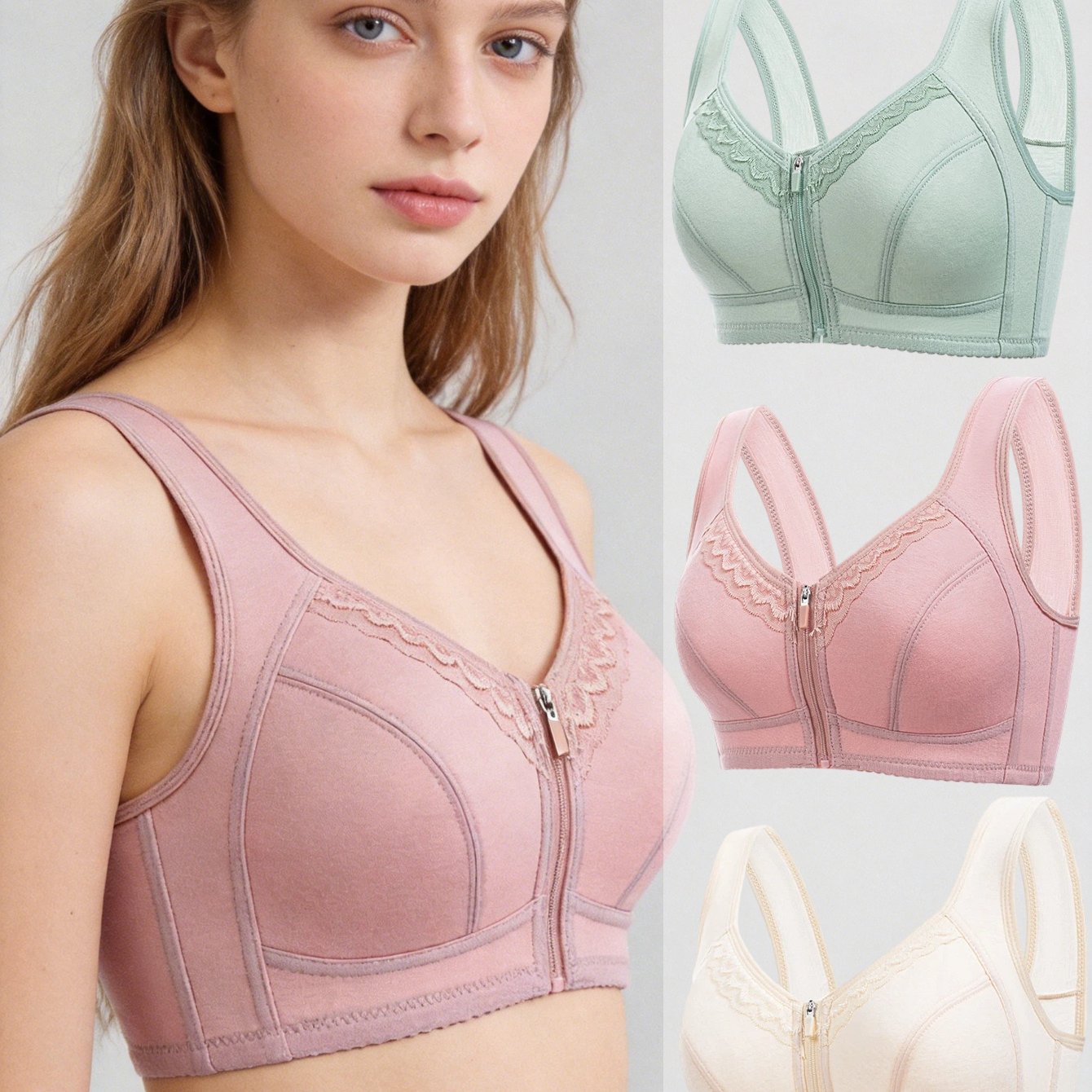 Image of 3pcs Easy Front Zipper Wireless Bra For Women, Breathable Vest, Plus Size Bra For Sleep& Leisure