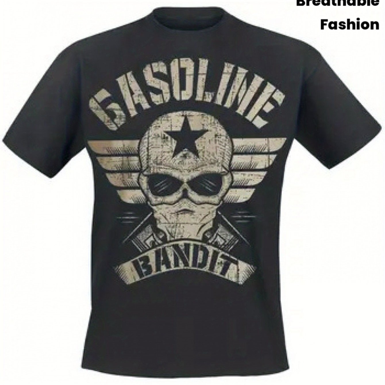 Image of Men's & Women's Gasoline Motorcycle T-shirt - Retro Winged Logo Print, Soft Cotton Biker Tee, Vintage Streetwear Crewneck Top For Biker Enthusiasts, Machine Washable Casual Apparel, Black Shirt