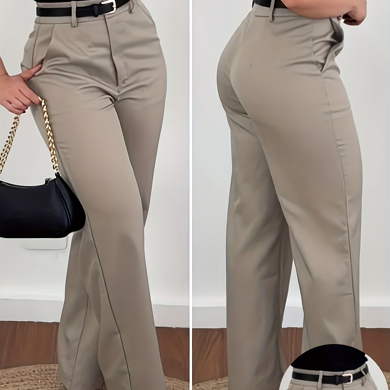 Fashionable Solid Color Elegant Straight-leg Pants With Side Pockets (no Belt Included)