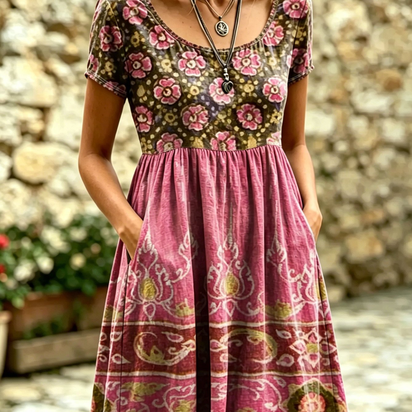 Image of Women's Summer Midi Dress: Paisley Floral Print, Round Neck, Short Sleeve, Empire Waist, A-line With Pockets. A Vintage-inspired, Pastoral-style Dress-flattering, Versatile, And Perfect For Vacation.