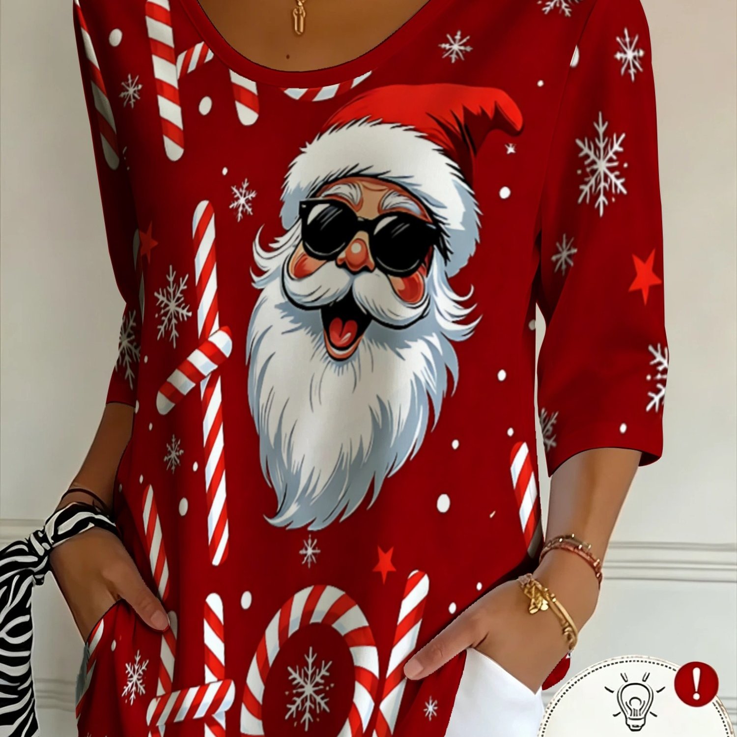 TEMU [printed Design - Not Textured] Women's V-neck Three-quarter Sleeve T-shirt, [christmas-themed Santa And Snowflake Print], [fun And Style],