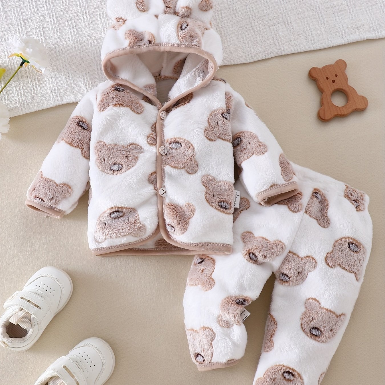 Image of Cute Bear Sherpa Outfit For Baby Boy, 2pcs Winter Warm Fleece Set With Hoodie And Pants, Newborn Photoshoot Christmas Clothes, For Outdoor