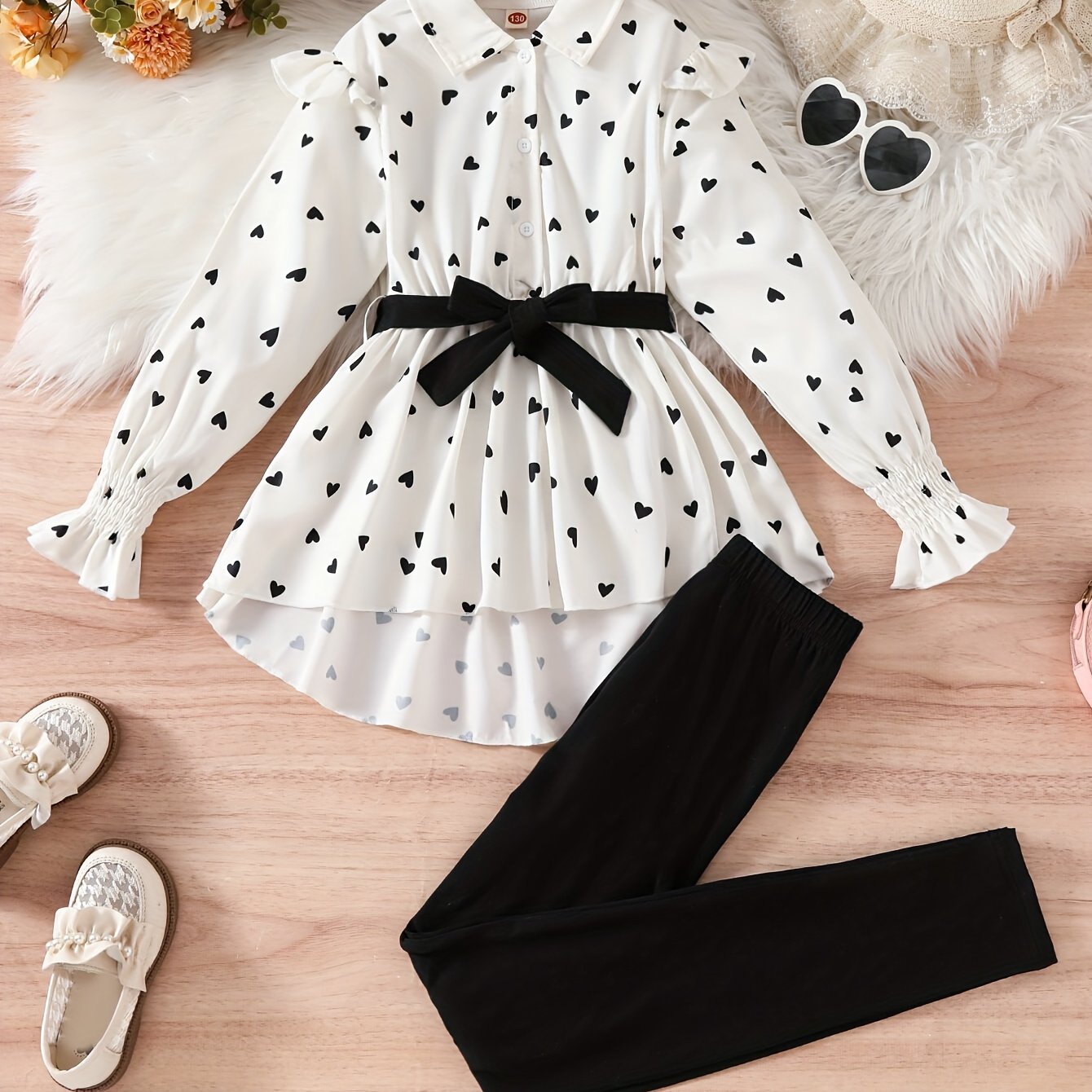 2-piece Girls' Set: White Heart-print Long-sleeve Ruffle Top + Comfortable Solid-color Pants, Casual Outing Gift, Suitable For Spring And Autumn