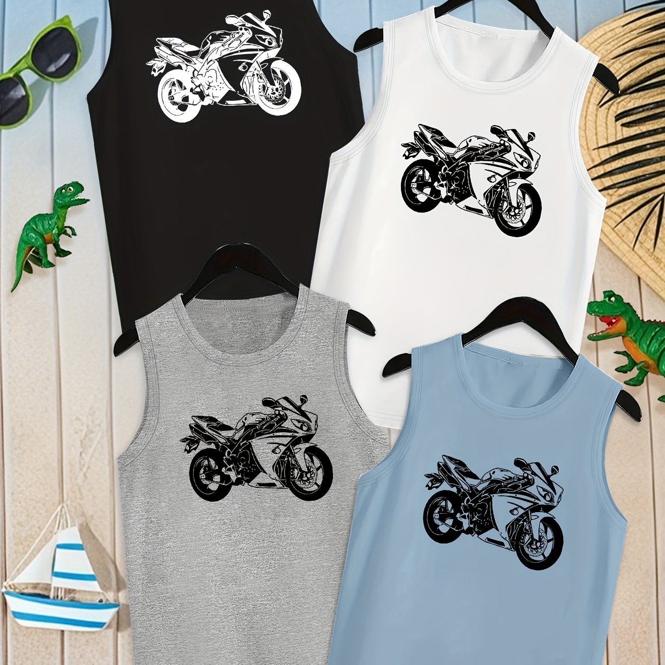 E-shop Vierteiliges Set modischer bedruckter Rundhals-Muskelshirts für Jungen, lässig, bequem, trendy, vielseitig