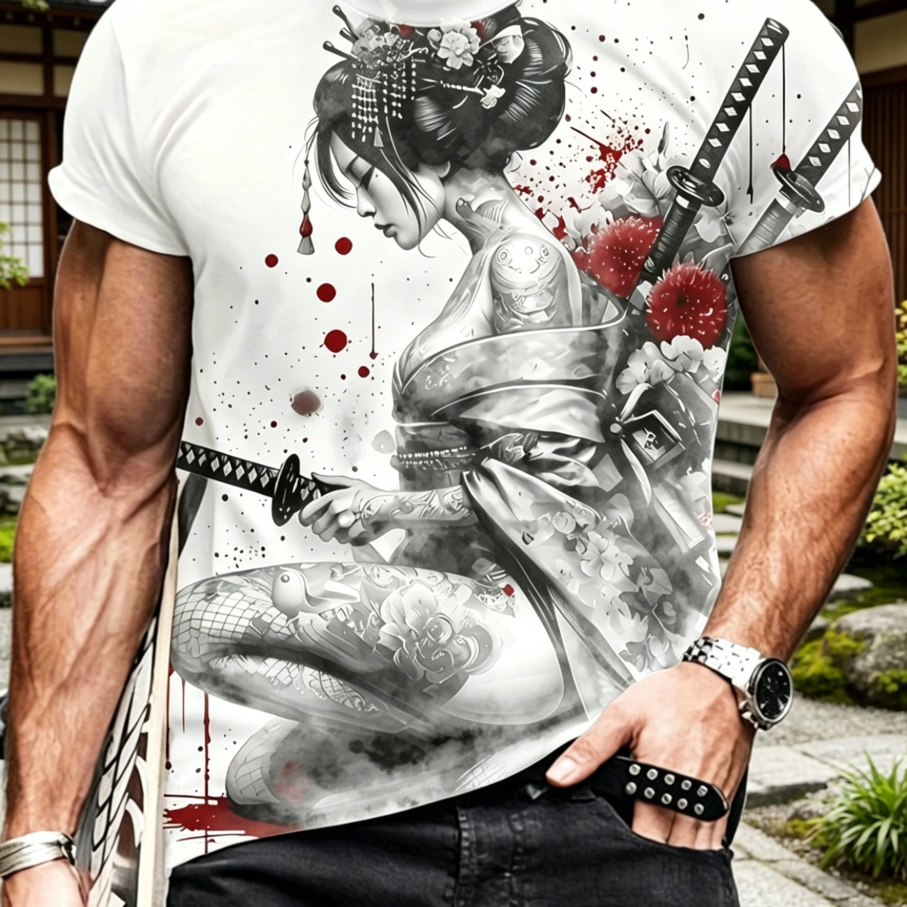 TEMU [printed Design - Not Texture] Summer Fashion Printed Men's T-shirt, Japanese Geisha Ink Wash Art Print, Combined With Japanese Elements, Dark