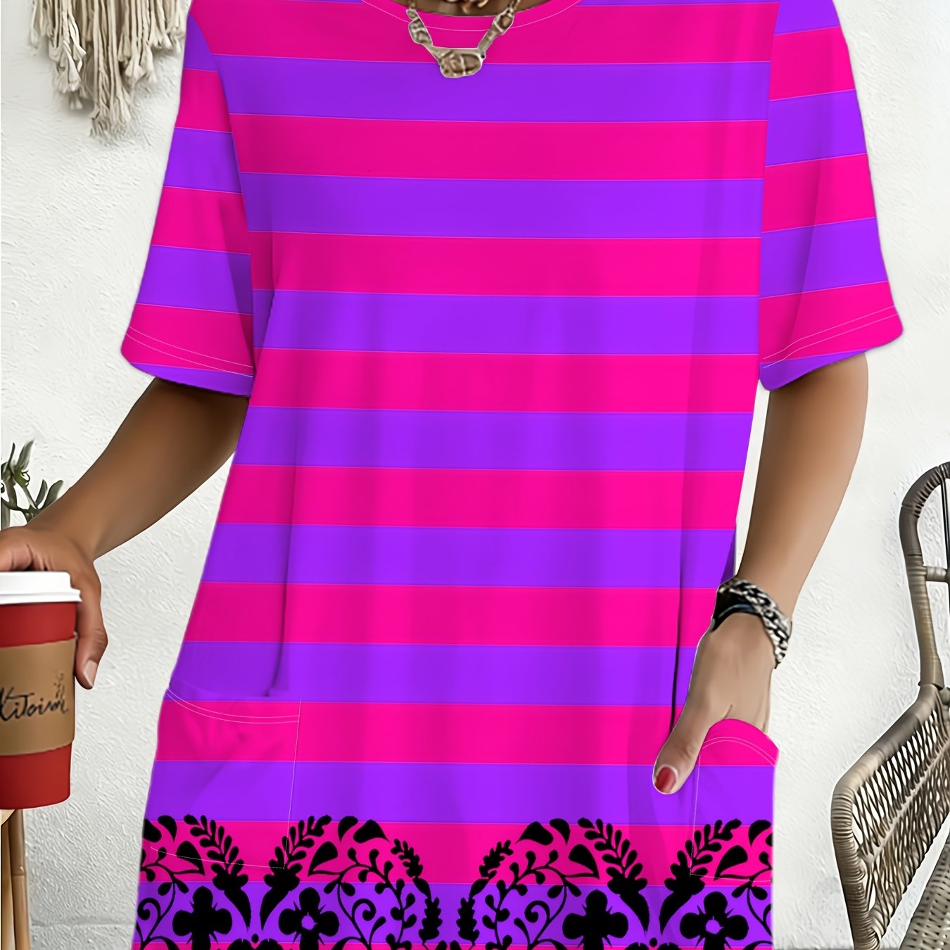 TEMU Purple Pink Striped Printed Loose Short Sleeve T-shirt Women's Summer Casual Fashion Top Plus Size