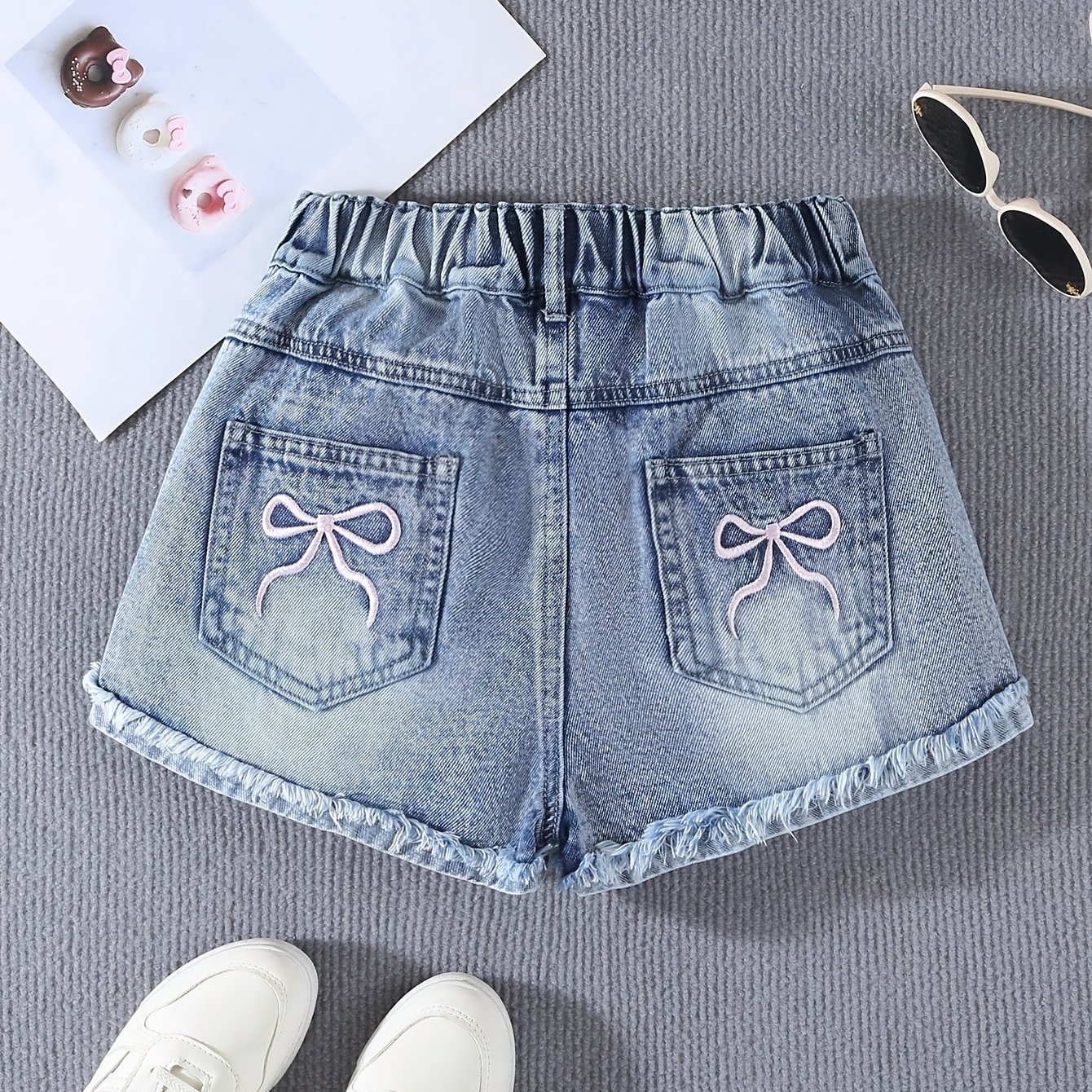 Girls' Y2k Vintage Denim Shorts, New Summer Style, Pink Bow Heavy Embroidery Washed Soft Straight-leg Loose-fit Pants, Street Style Cute Girly Shorts, Versatile Summer Outfit For Middle To Older Kids