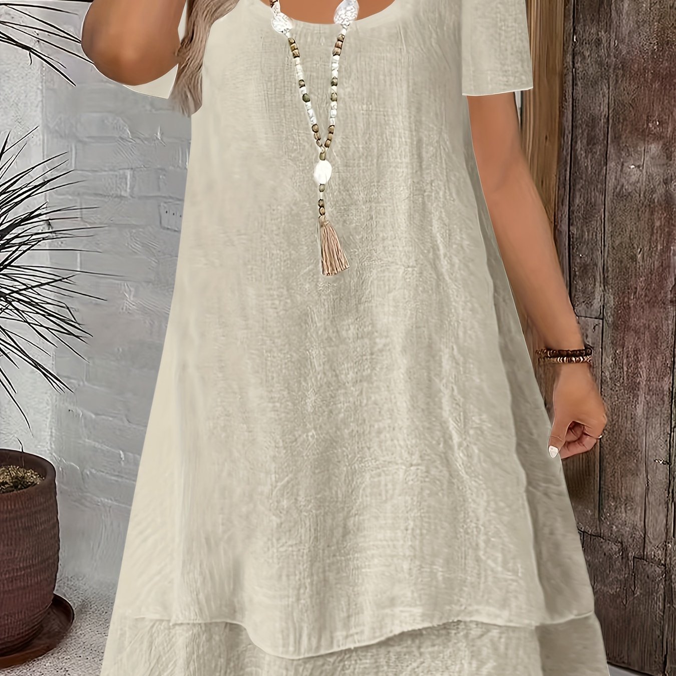 E-shop Sommer Neu Damen Casual Locker Elegant Kurzarm Einfarbig Rundhals Doppellagig Kuchensaum Strandkleid
