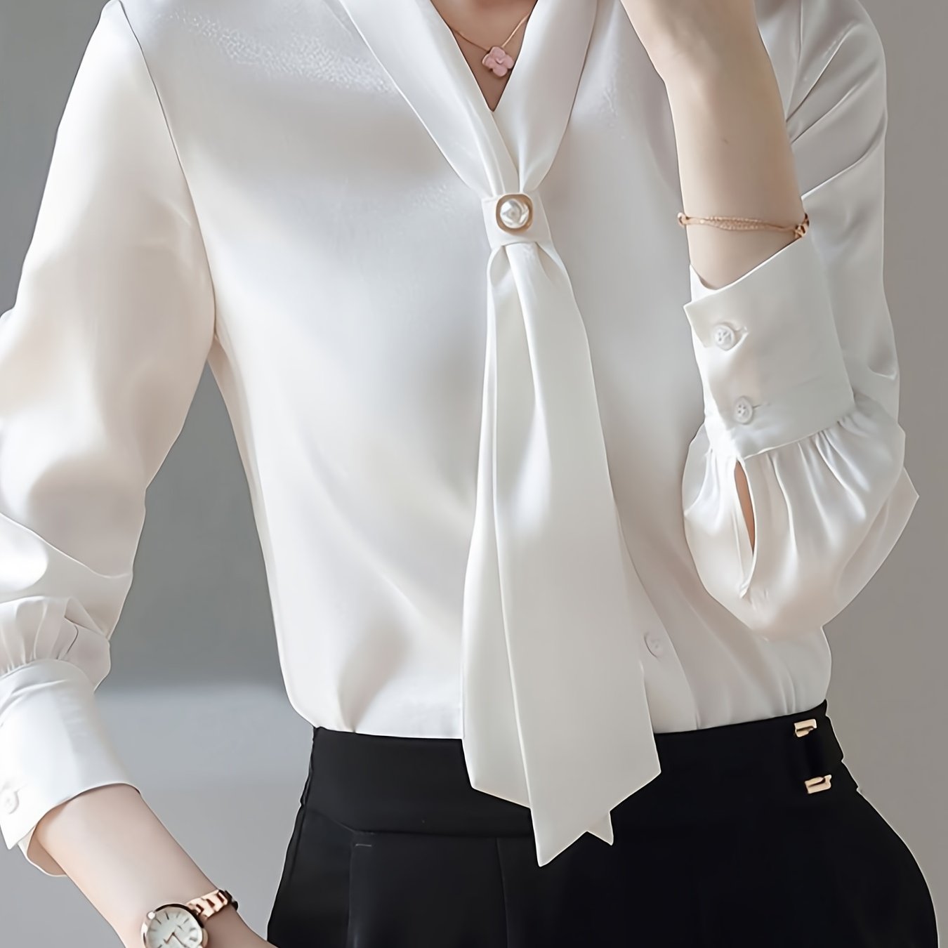 TEMU Solid Tie Decor Beaded V-neck Blouse, Elegant Long Sleeve Blouse For Spring & Fall, Women's Clothing