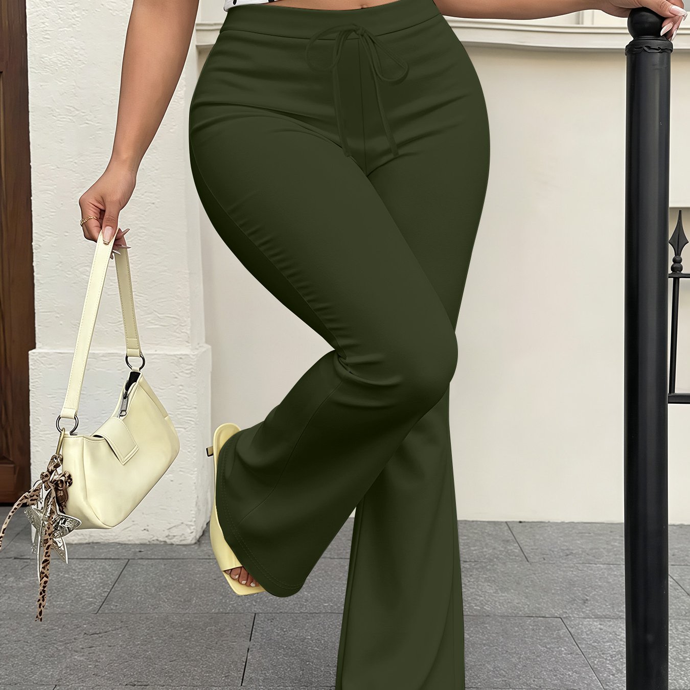 TEMU 2026 New Autumn Women's Clothing Individual Fashion, Outerwear, Easy Solid Color No Print, Drawstring Flare Long Pants