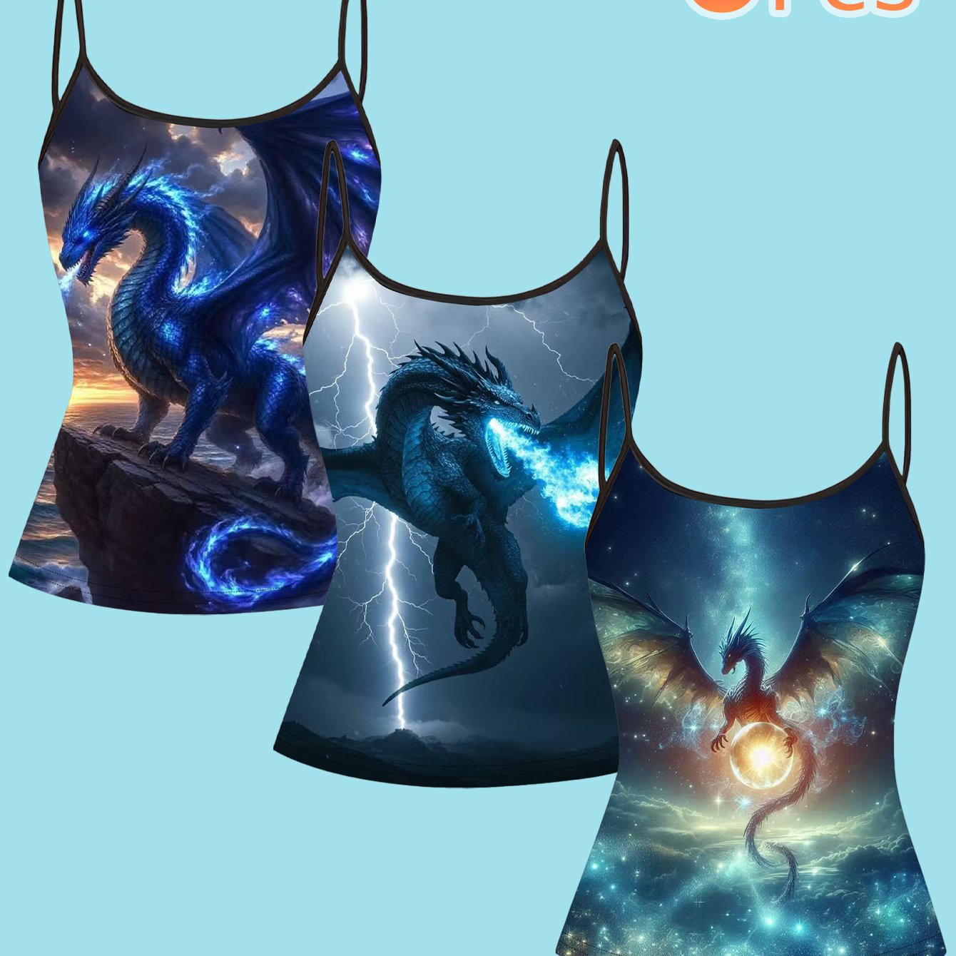 TEMU Ensemble de 3 débardeurs imprimés dragon iridescent, style fantaisie cool, ensemble de gilets , haut tendance et atmosphérique pour femmes