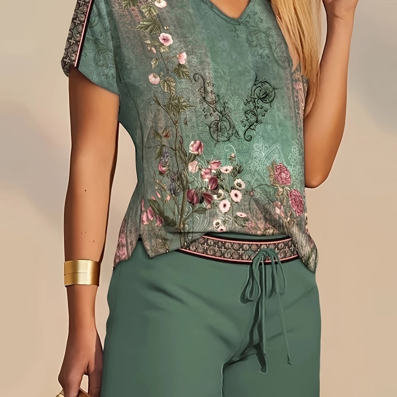 TEMU Floral Print Two-piece Set, Casual Short Sleeve V Neck T-shirt & Drawstring Shorts Outfits, Women's Clothing