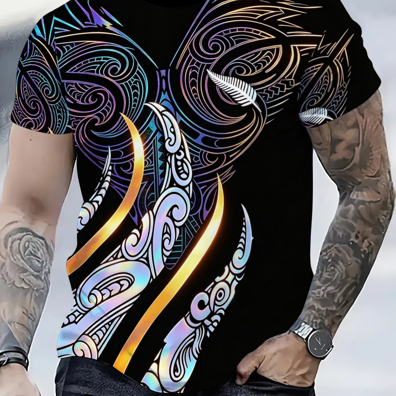 TEMU Men's Plus Size T-shirt With Maori-inspired Tribal Pattern, Holographic Luminous Effect, Stylish Design, Suitable For Daily Wear, Casual