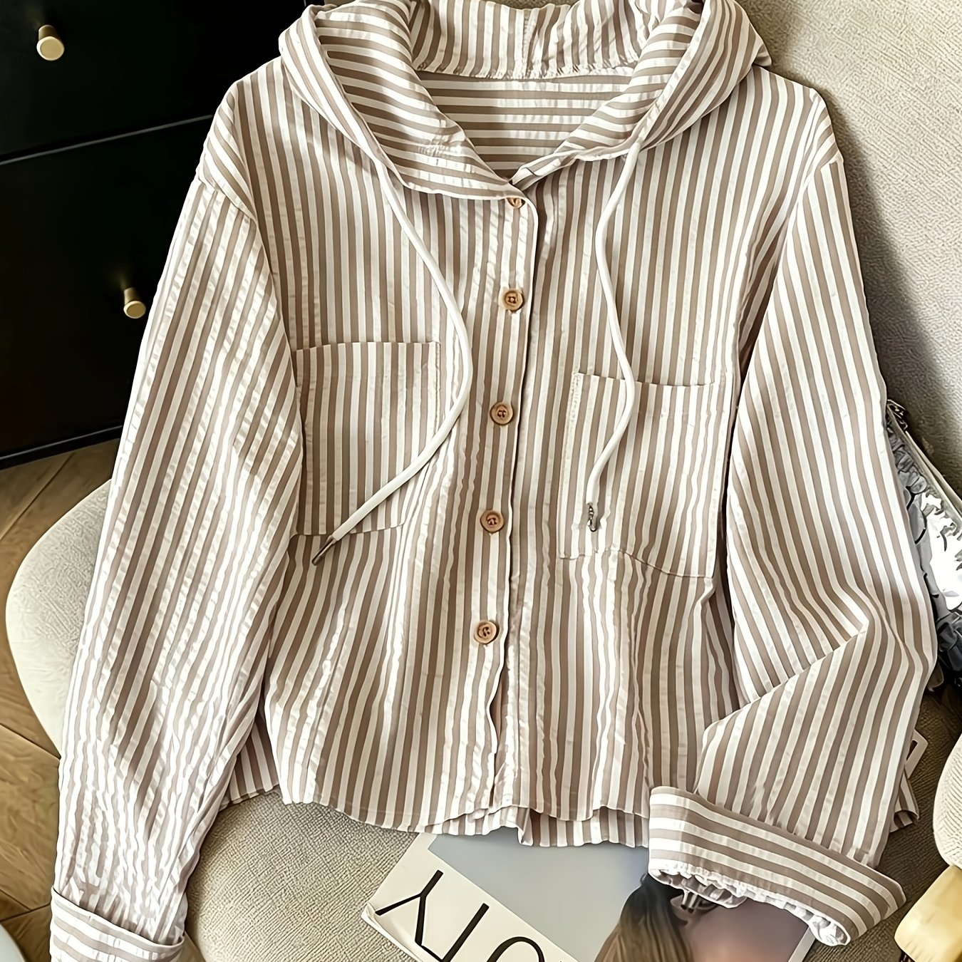 TEMU Relaxed Fit Striped Hooded Cardigan