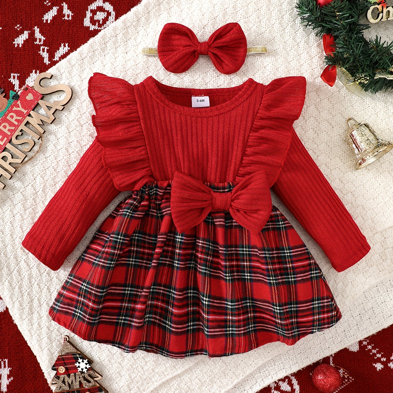Little Girl's Christmas Party Dress, Red And Black 2-in-1 Look Design + Oversized Bow Decoration + Ruffle Cuffs