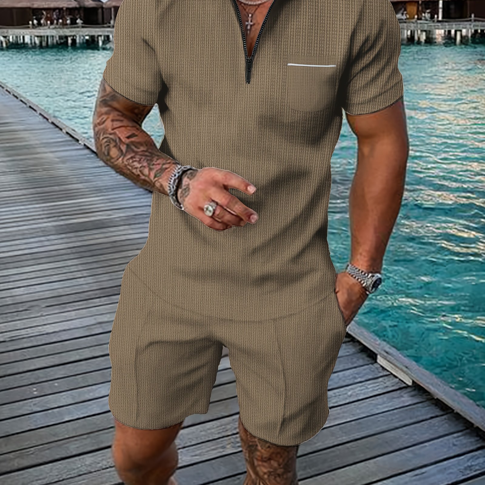 Men's Summer Casual Sportswear Set With A Short-sleeve Shirt And Drawstring Pocket Shorts