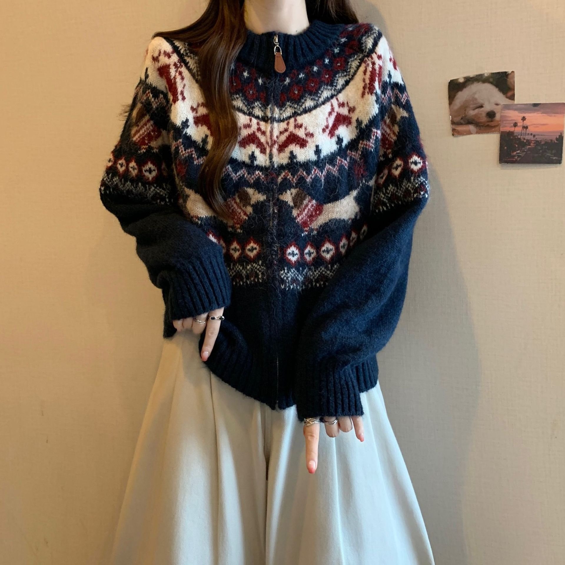 TEMU Women's Vintage Fair Isle Christmas Jacquard Zipper Sweater Cardigan - Cozy Winter Outerwear With Puff Sleeves, Round Neck & Drape Hem