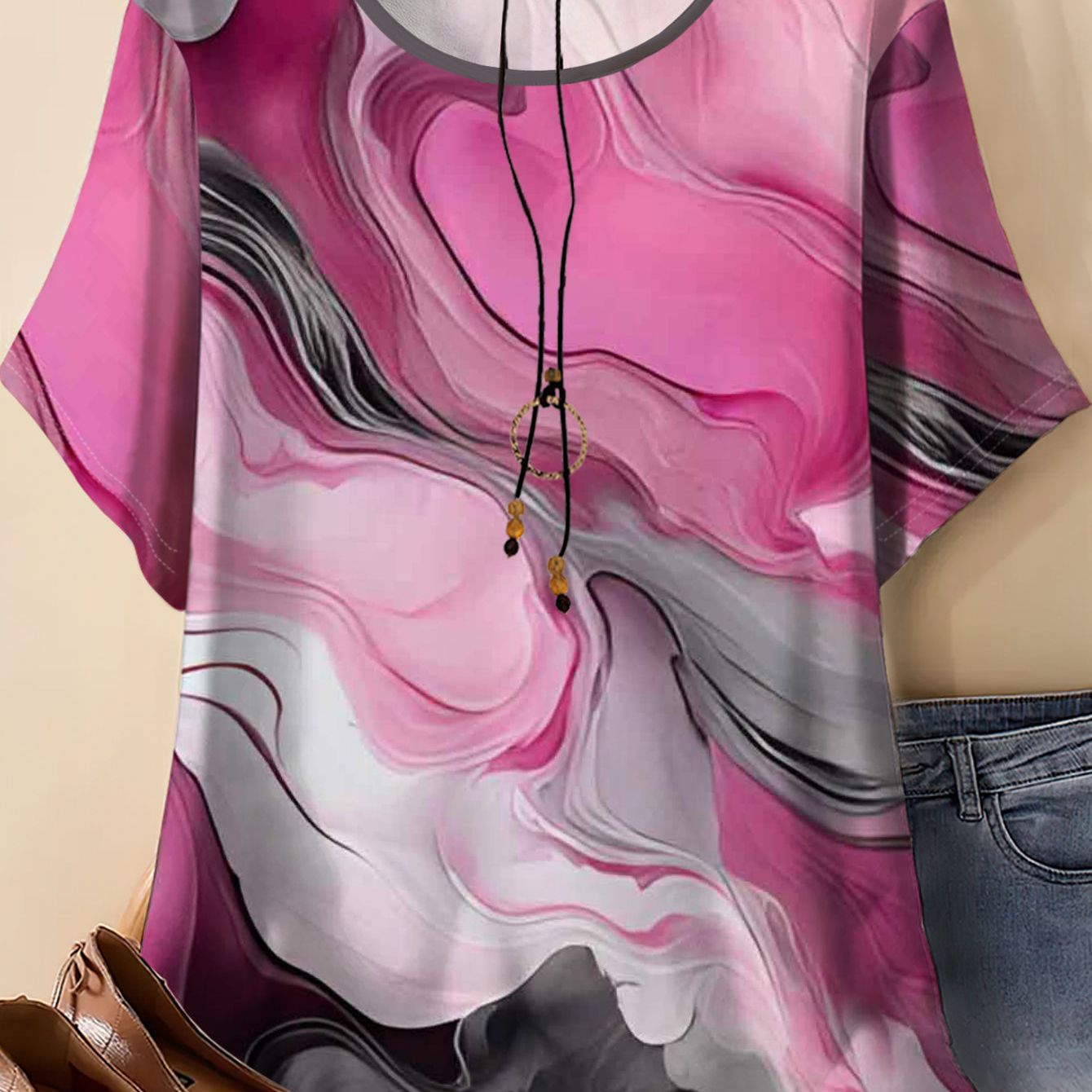 TEMU This Women's Plus-size Short-sleeve Top Features A Pink Watercolor Design, A Loose And Stylish And Versatile, Wear And Summer