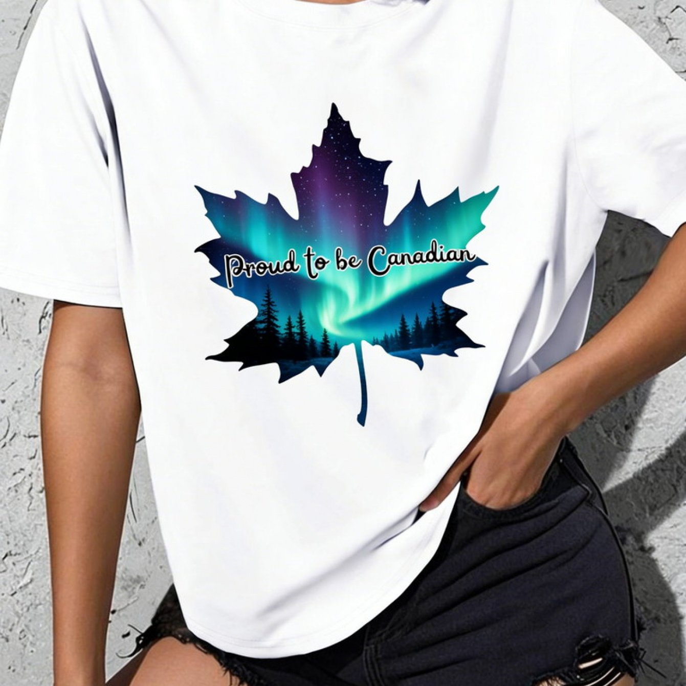 TEMU T-shirt 1 pièce grande taille pour femme, vêtement d'été - Coupe ample, Fière Canadienne, Aurores Boréales, Feuille d'érable pour la fête du