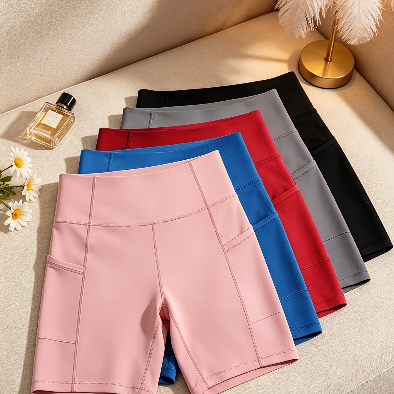 TEMU 5pcs Women's High Stretch Quick-dry Moisture-wicking Shorts With Elastic Waistband - Mid-thigh Length Workout Gym Cycling Casual Shorts For