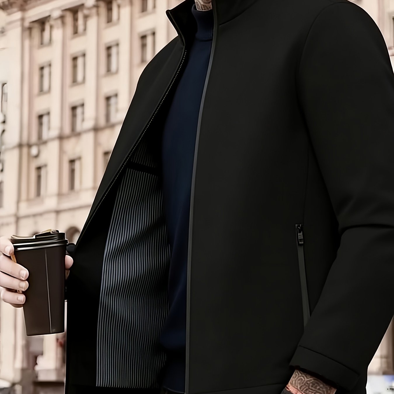 TEMU Men's Casual Lightweight Flight Jacket - Solid Color, Stylish Black Zipper Pockets, Lightweight Collar Style, Fashionable Spring/autumn